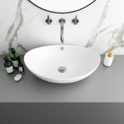 Arezzo Stone Resin Floating Basin Shelf Incl. Oval Basin - 600mm Wide -Victorian Plumbing Shop az6mwslfb1 d1