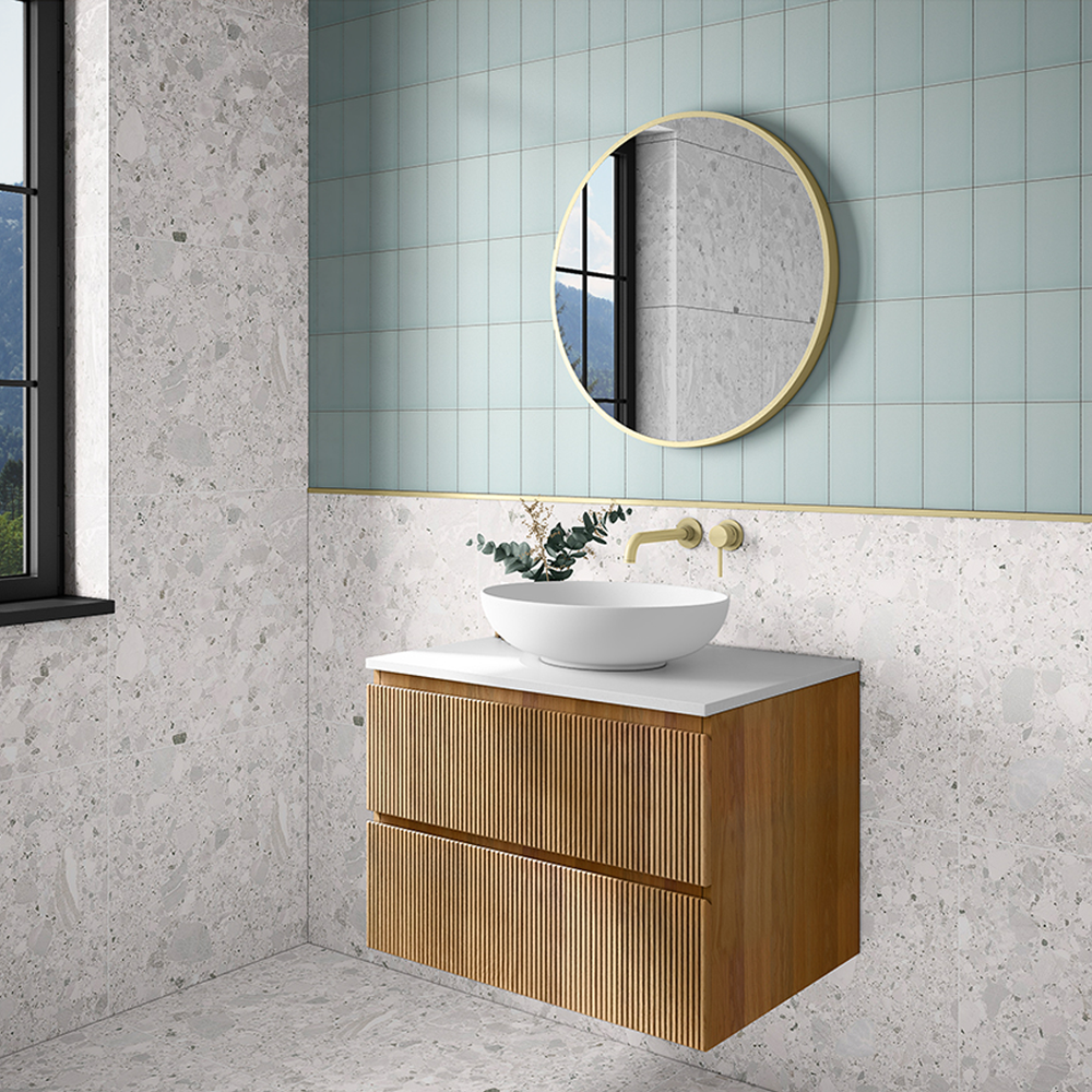 Arezzo Fluted Round Brushed Brass Wall Mounted (2TH) Basin Mixer Tap 2 Arezzo Fluted Round Brushed Brass Wall Mounted (2TH) Basin Mixer Tap - Image 2