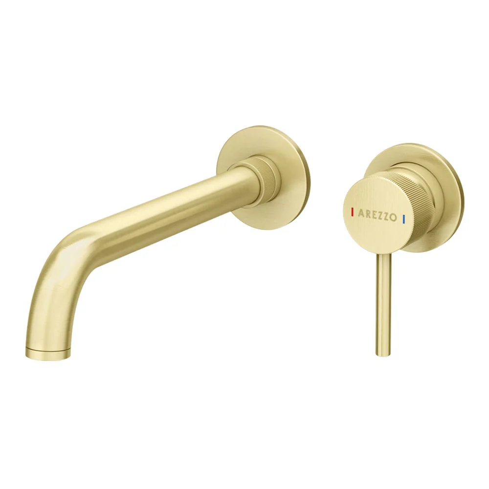 Arezzo Fluted Round Brushed Brass Wall Mounted (2TH) Basin Mixer Tap 4 Arezzo Fluted Round Brushed Brass Wall Mounted (2TH) Basin Mixer Tap - Image 4