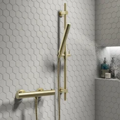 Arezzo Brushed Brass Modern Slide Rail Kit With Pencil Shower Handset -Victorian Plumbing Shop azbb8srd2