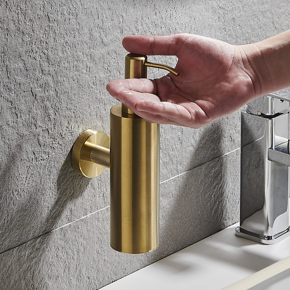 Arezzo Brushed Brass Round Wall Mounted Soap Dispenser 1 Arezzo Brushed Brass Round Wall Mounted Soap Dispenser
