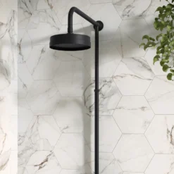 Arezzo Matt Black Rigid Riser Kit With 195mm Fixed Round Overhead Drench Shower Head -Victorian Plumbing Shop azrr04mb d4