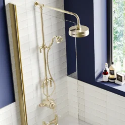 Arezzo Brushed Brass Dual Exposed Valve With Rigid Riser Kit, 195mm Shower Head, Handshower & Diverter -Victorian Plumbing Shop azsv4bberk2 d6