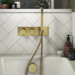 Arezzo Brushed Brass Round Wall Mounted Thermostatic Shower Valve With Handset