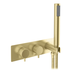 Arezzo Brushed Brass Round Wall Mounted Thermostatic Shower Valve With Handset -Victorian Plumbing Shop azsvhbb l3