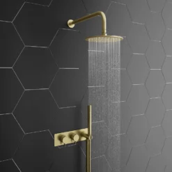 Arezzo Brushed Brass Round Wall Mounted Thermostatic Shower Valve With Handset -Victorian Plumbing Shop azsvhbbd3n