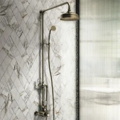 Chatsworth 1928 Antique Brass Exposed Valve Incl. Rigid Riser Kit, Diverter, 8" Rose + Handset -Victorian Plumbing Shop cabpk02 l