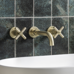 Foundry Wall Mounted 3 Hole Basin Mixer Tap Brushed Brass -Victorian Plumbing Shop fdywmbasinbb l2