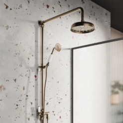 Trafalgar Traditional Rigid Riser With 200mm Round Apron Shower Head, Hand Shower And Diverter Antique Brass -Victorian Plumbing Shop rr01ab l2