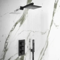 Arezzo Matt Black Square Triple Thermostatic Shower Pack With Head + Handset 11 Arezzo Matt Black Square Triple Thermostatic Shower Pack With Head + Handset -Victorian Plumbing Shop sq3blkpk nw l