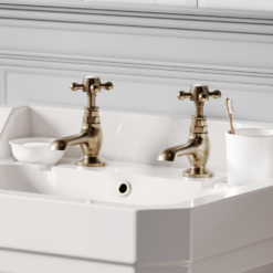Trafalgar Crosshead Pillar Basin Taps (Pair) Antique Brass -Victorian Plumbing Shop tfgbasinab d5