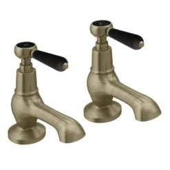 Trafalgar Lever Pillar Basin Taps (Pair) Antique Brass With Black Levers