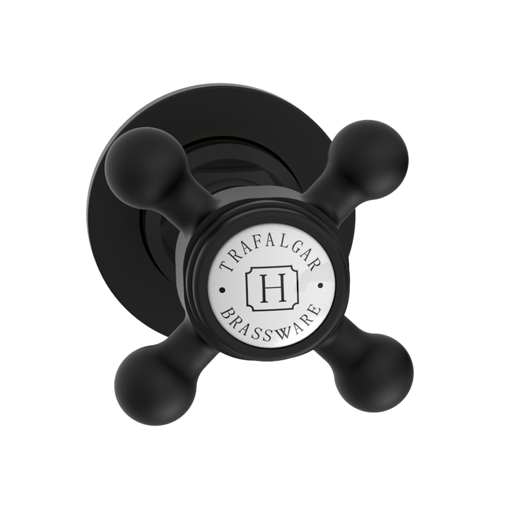 Trafalgar Wall Mounted Basin Spout And Crosshead Stop Taps - Matt Black 2 Trafalgar Wall Mounted Basin Spout And Crosshead Stop Taps - Matt Black - Image 2