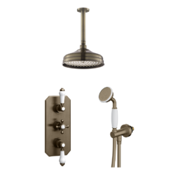 Trafalgar Antique Brass Shower With Concealed Valve, Ceiling Mounted 8" Head + Handset -Victorian Plumbing Shop tr2cmab