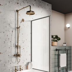 Trafalgar Traditional Rigid Riser With 200mm Round Apron Shower Head, Hand Shower And Diverter Antique Brass