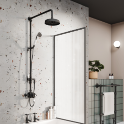 Trafalgar Traditional Rigid Riser With 200mm Round Apron Shower Head, Hand Shower And Diverter Matt Black
